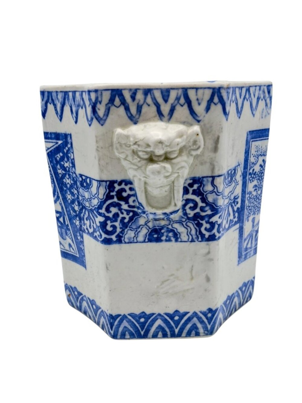 Vintage Blue White Chinoiserie Octagonal  Cachepot Jardiniere Foo Dog Mask 7.5"